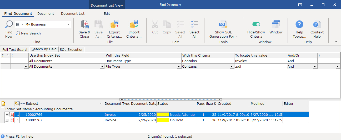 Find Dialog - Search by Field Display