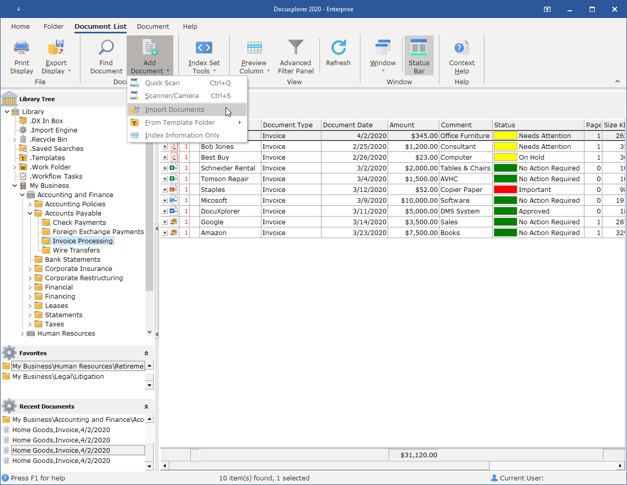 Import documents to a DX folder using the Add Documents button