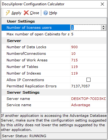 DocuXplorer Server Configuration Utility Screen