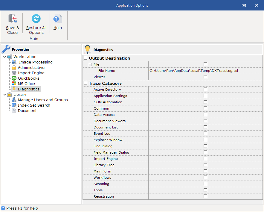 Toll/Options Diagnostic Logging Screen allows users to set defaults