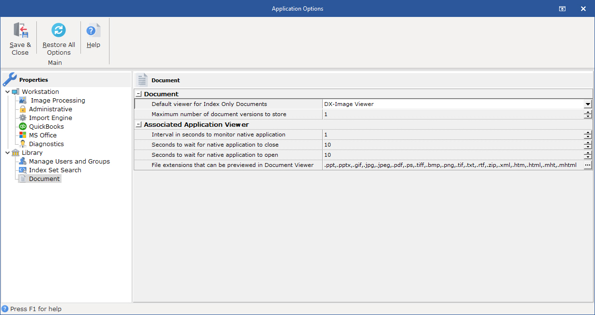 Document Application Options Screen to set default properties for new Documents