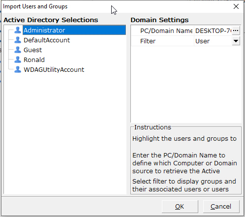 Select the users and/or groups and users in a group to import from the Active Directory