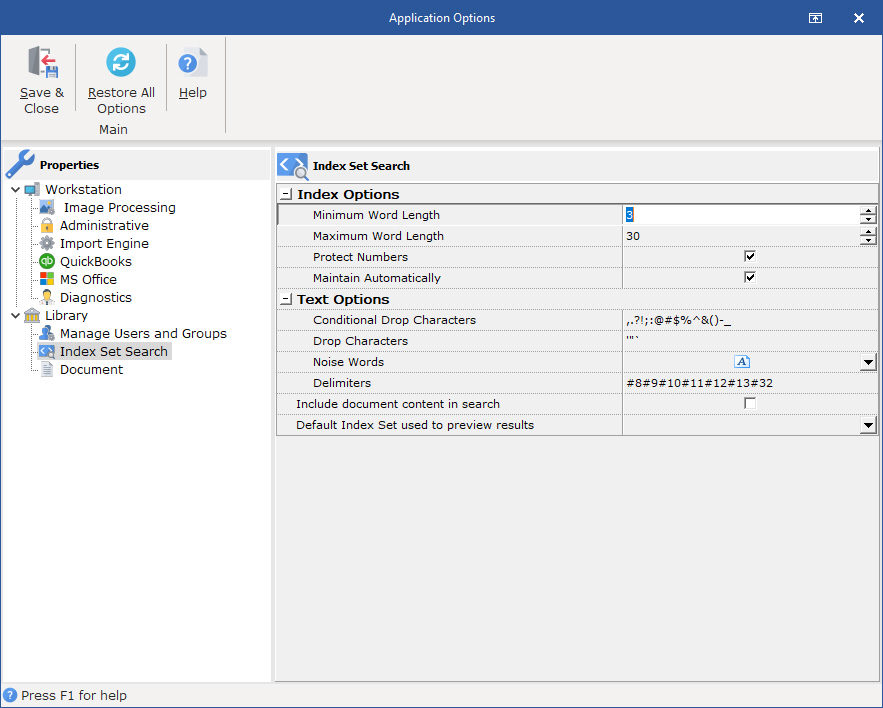 Set default options for Index Set Search