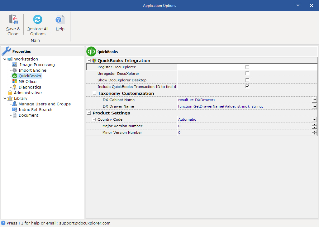 Use the <Tools><Options><QuickBooks Defaults> to register DocuXplorer with QuickBooks