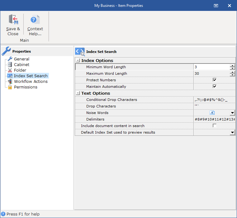 Cabinet Index Set Text Search Properties