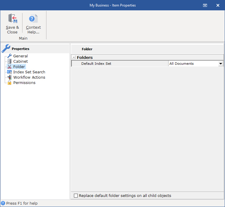 Allows you to set the default Index Set to be used in Folder created in Drawers in this Cabinet