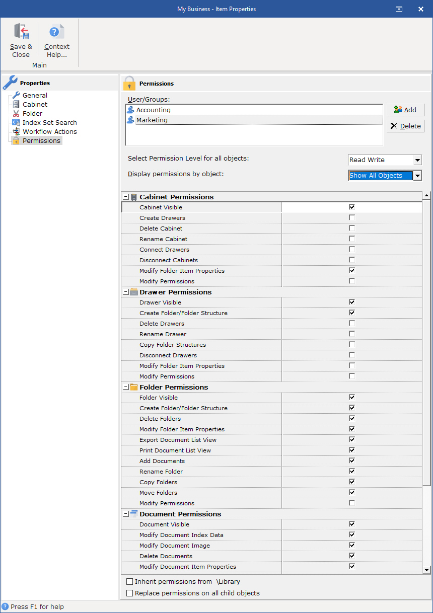 Add users and groups to the Cabinet and set specific permissions for the Cabinet. Make sure to uncheck the Inherit permission from parent before setting the Cabinet permissions to release it from inheriting the Library permissions.