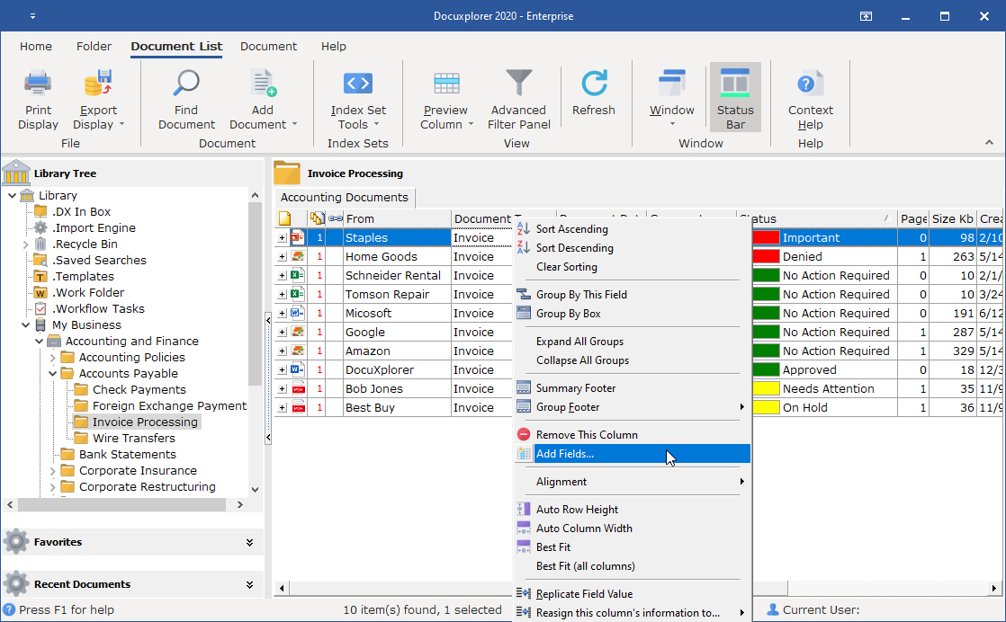 The Column Header Bar Drop Down Menu allows administrators and users with permission to modify Index Sets and the display of a Document List View