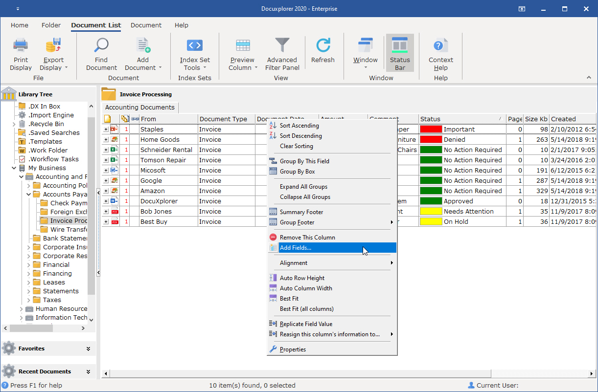 Use the Column Header Bar right-click drop-down menu to reach the Add Fields dialog box and Field Properties dialog box