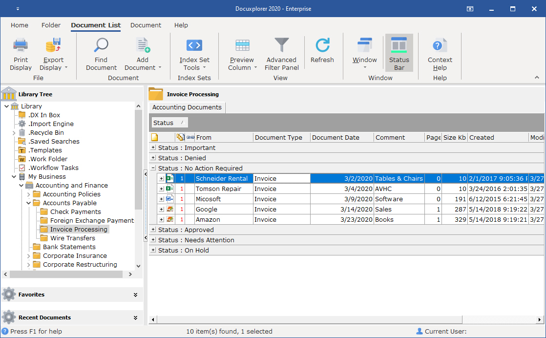 The Group By Panel allows a user to group and sub-group documents in a folder