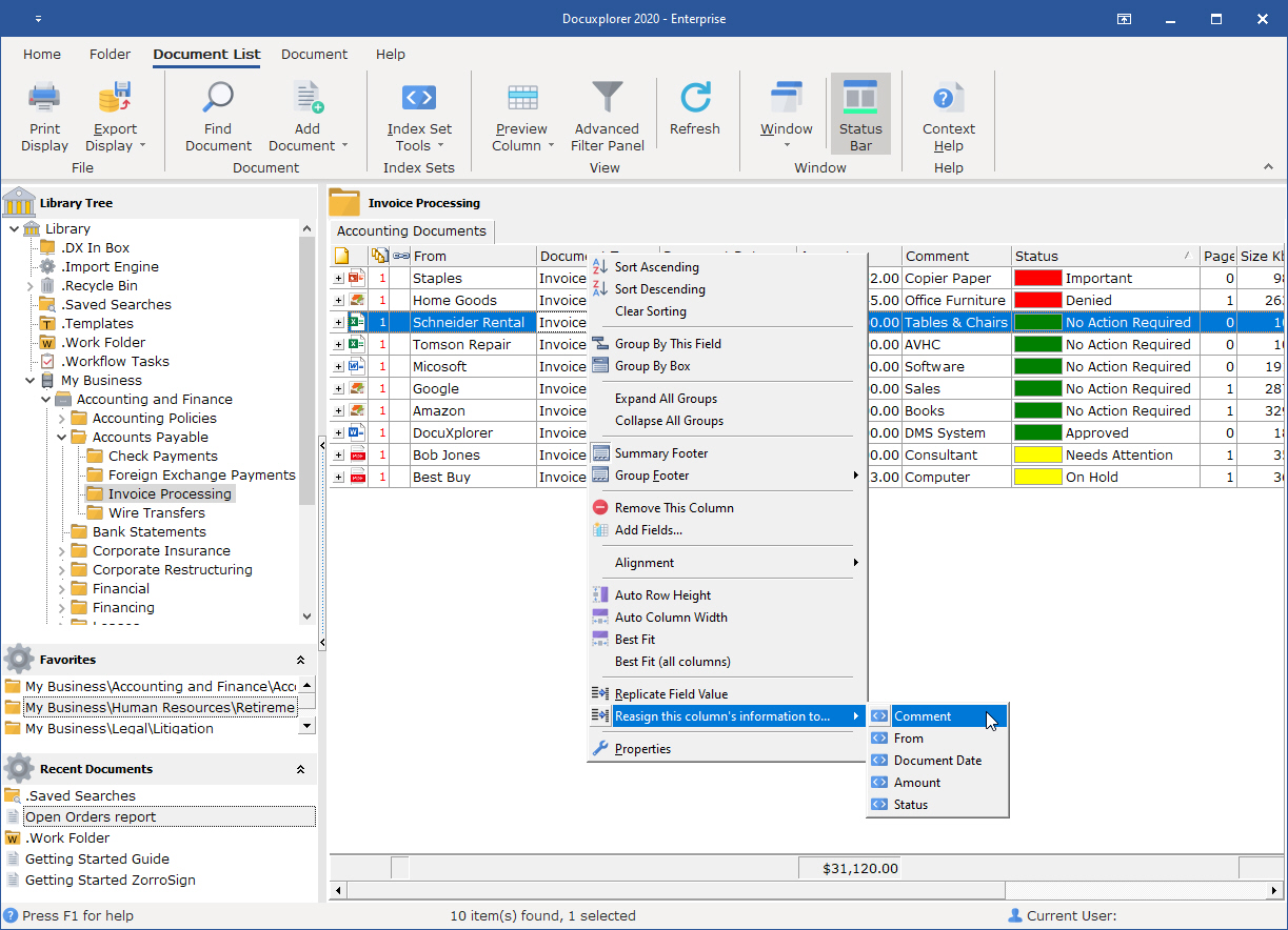 Reassign Index Field Value is accessed by right clicking on the field in the Column Header Bar of the Document List View