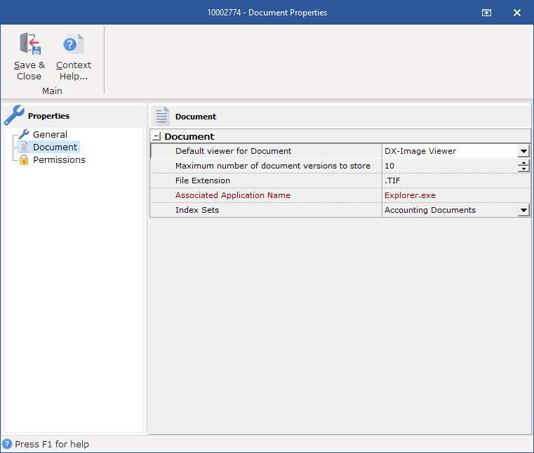 Index Only Document Properties dialog box - used to change the default document viewer