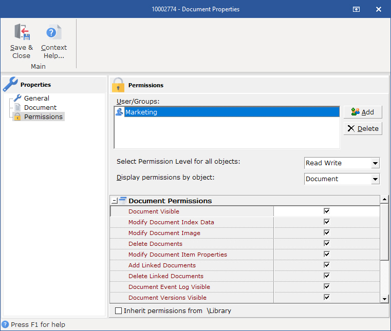 Allows users to set specific users, groups and permissions for the document