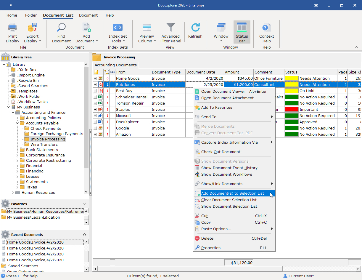 Document Selection List commands found the document right-click menu Document Selection List commands found the document right-click menu