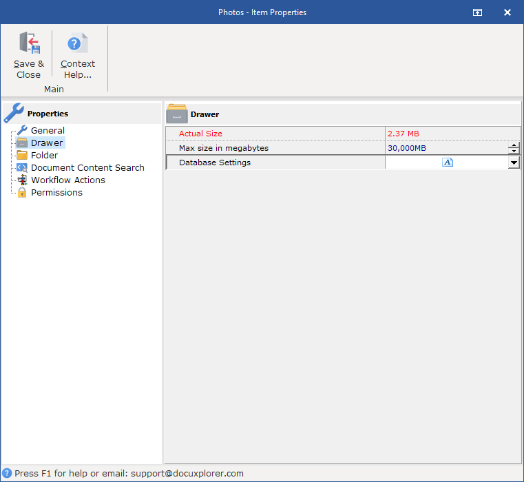 In the Drawer Properties/Drawer item yuou can set database limits for the object