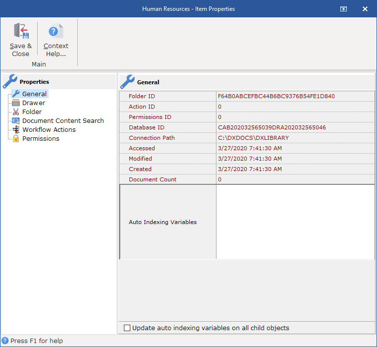 The General Properties item has information about the Drawer object