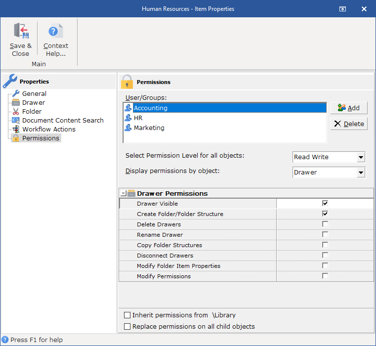 Add users and groups to the Drawer and set specific permissions for the Drawer. Make sure to uncheck the Inherit permission from parent before setting the Cabinet permissions to release it from inheriting the Library permissions.