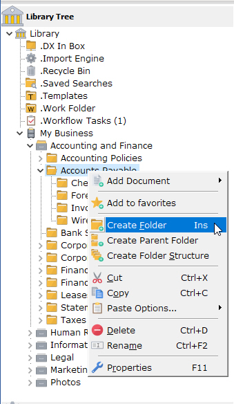 Use the right-click menu on a Folder to create new Folders or Folder Structures