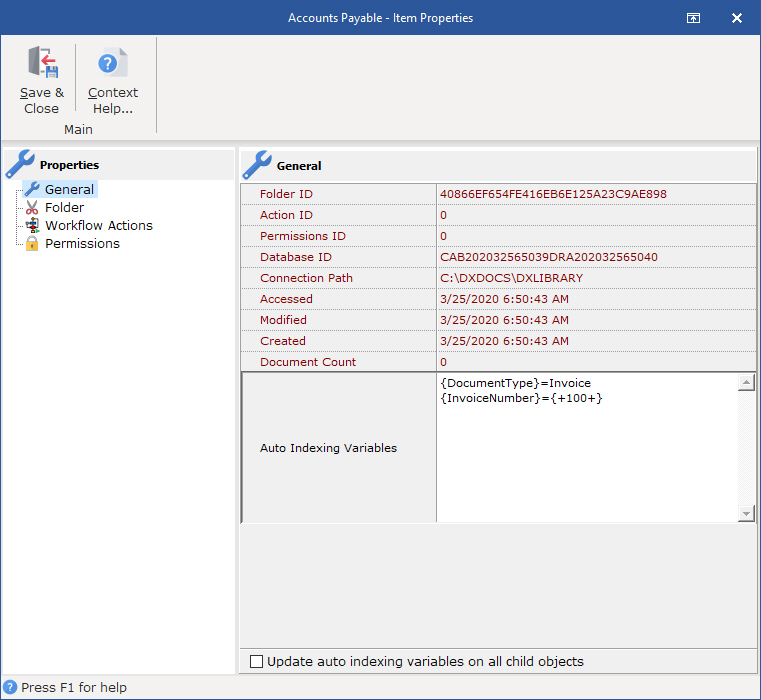 Folder Properties - General properties