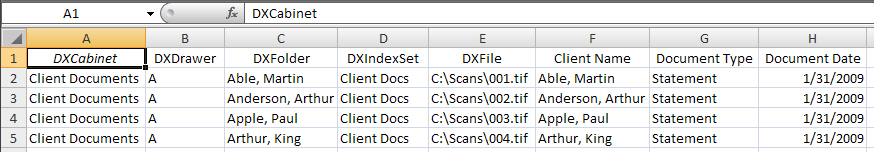 Example of a CSV file created using Excel