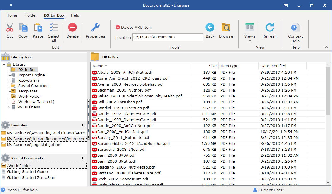 The DX Inbox is used to import documents from any local or network drive directly to DocuXplorer