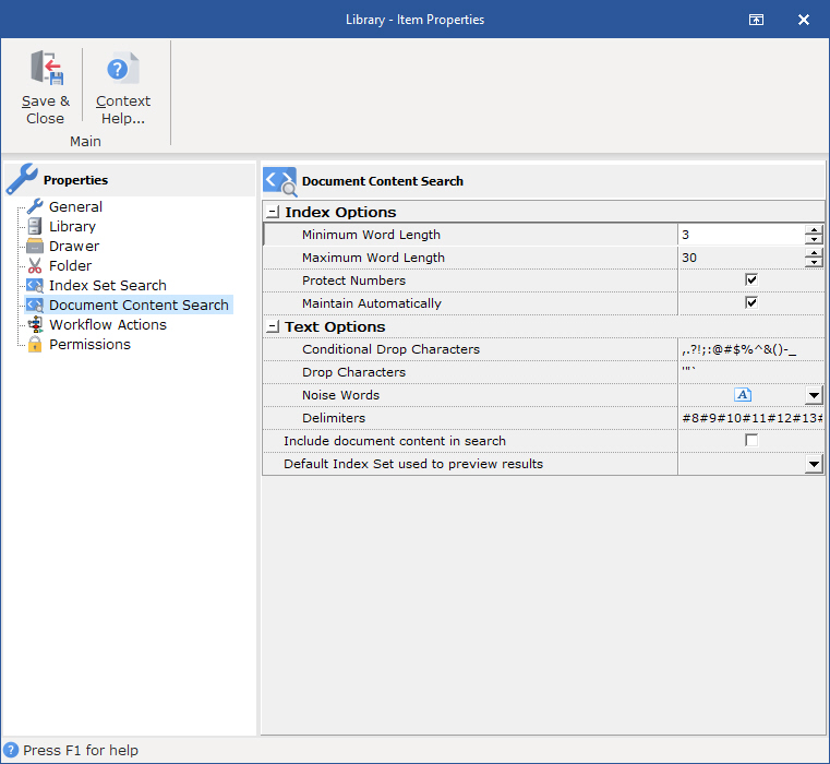 Library Property - Document Content Search Options