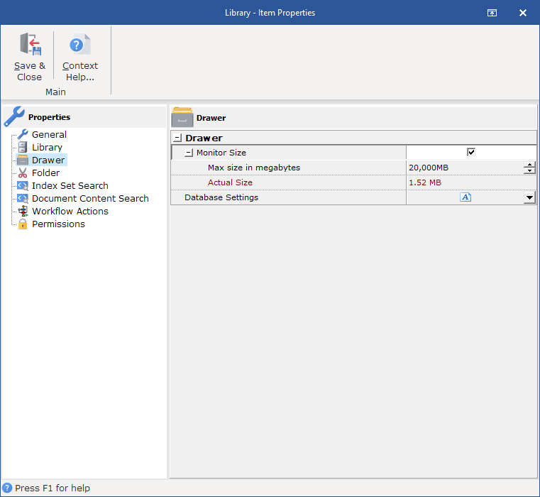 Use the Library Drawer Properties to monitor the size of the Work Folder database