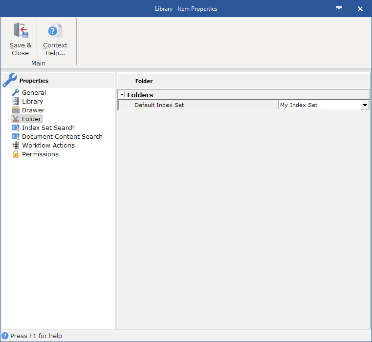 Library Properties/Folder item allows you to set the default Index Set for new sub-folders of the Work Folder