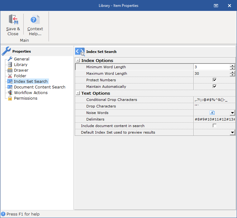 Ibrary Properties Index Set Search dialog