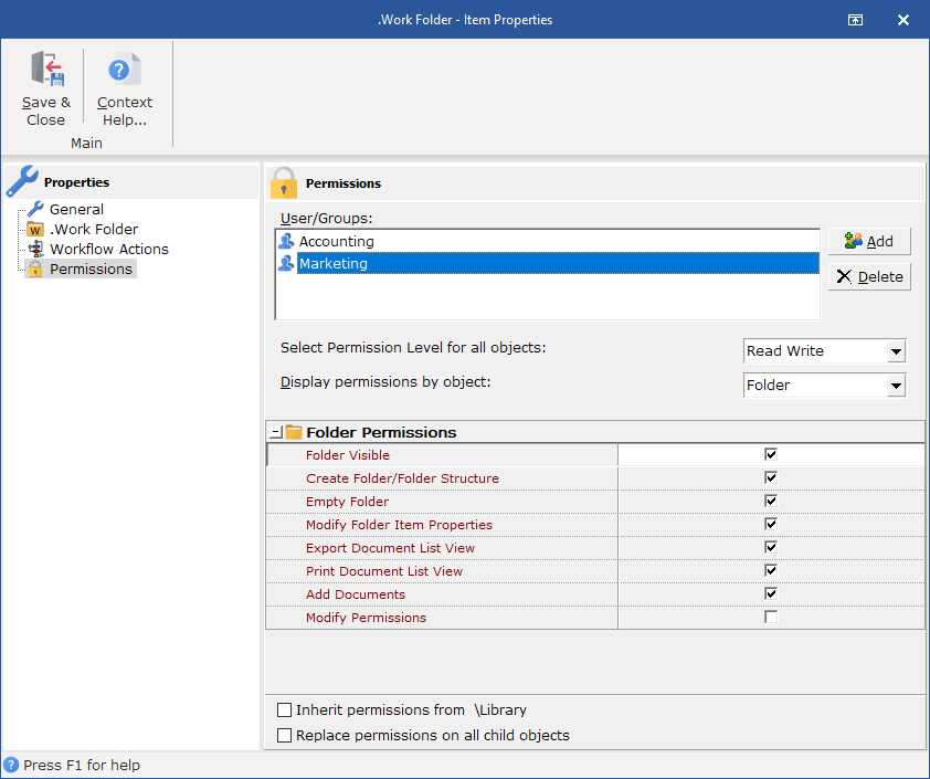 To set permissions for users and groups specific to the Work Folder uncheck the Inherit Permissions From Parent box