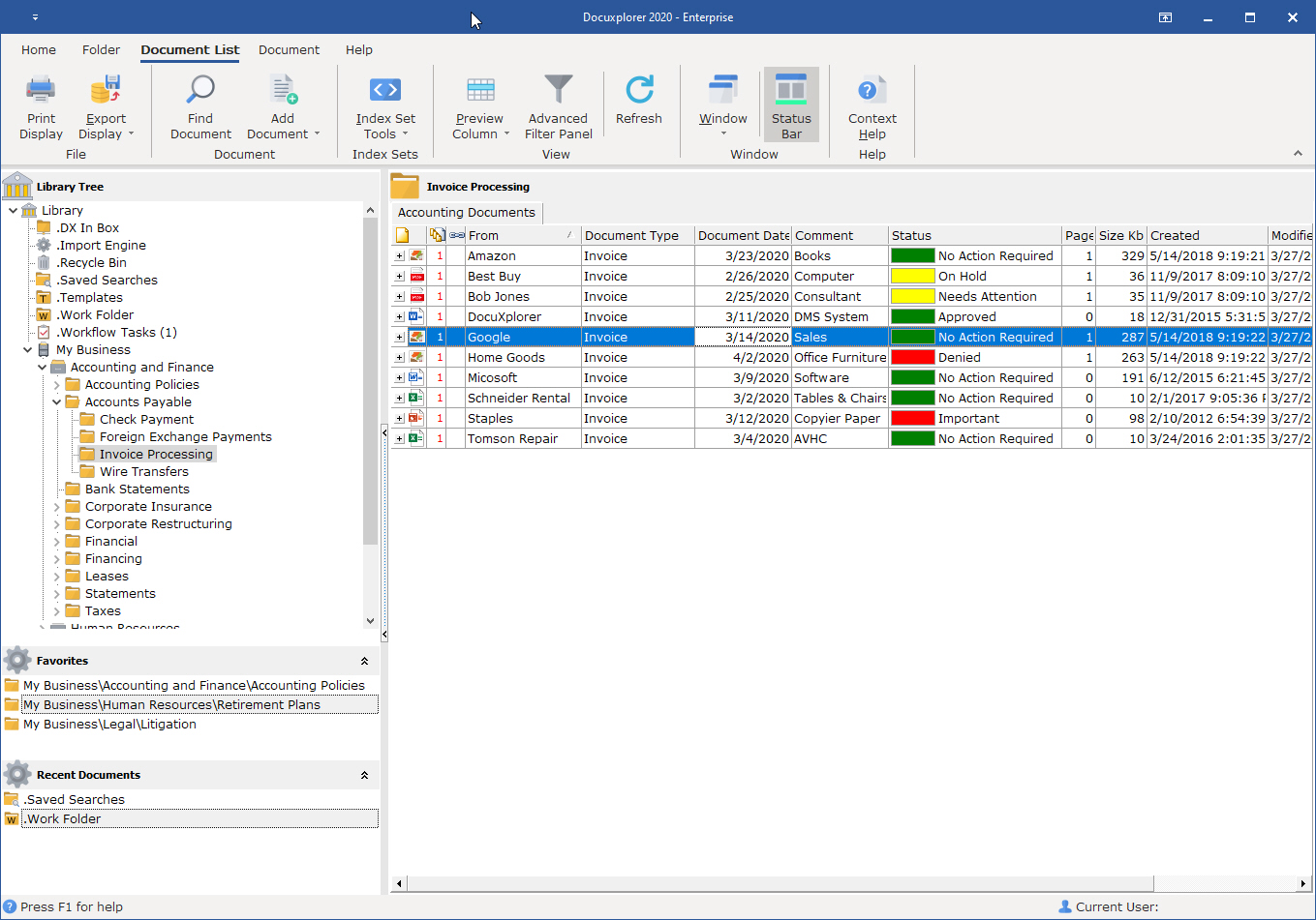 The DocuXplorer Desktop Screen allows you to easily find and mange documents
