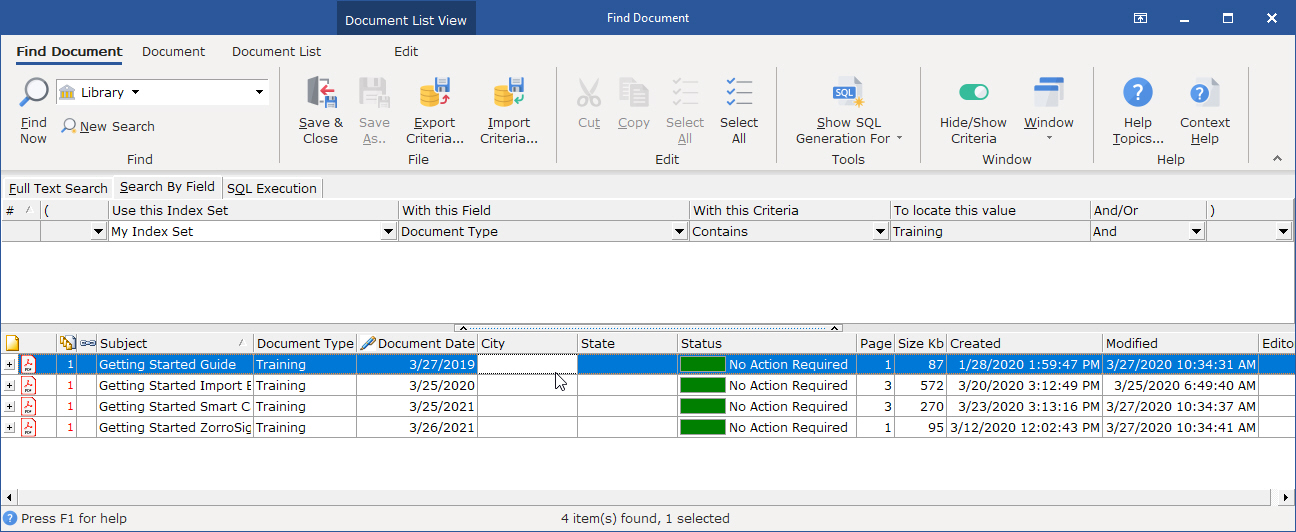 Use to Search by Field dialog box to accurately find documents or to search for documents in a date range