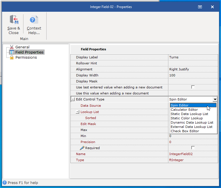 Interger Fields can have one of four different edit control types