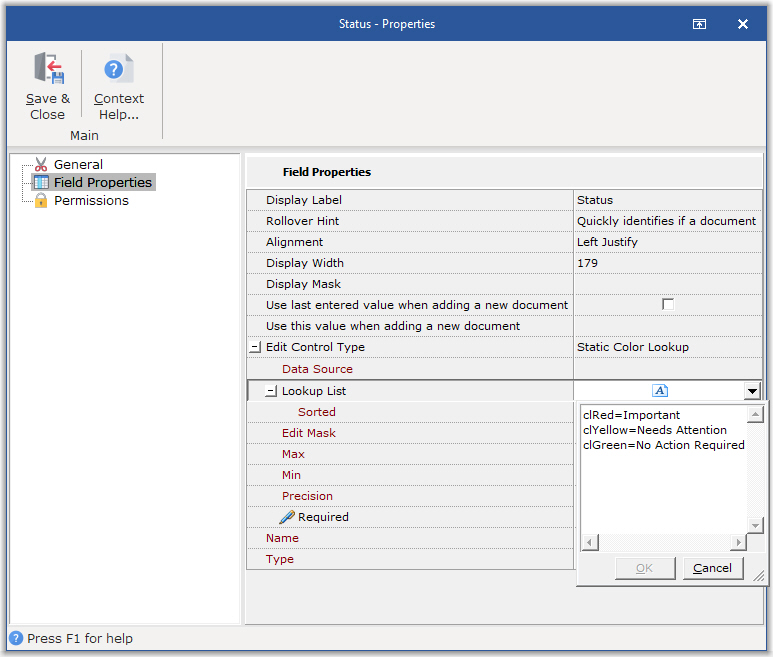 Format for a Color Coded Static Data List