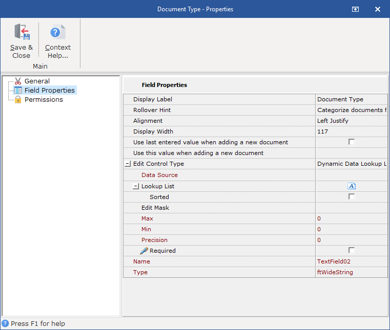 Field Properties dialog box allows user to choose Index Field Properties