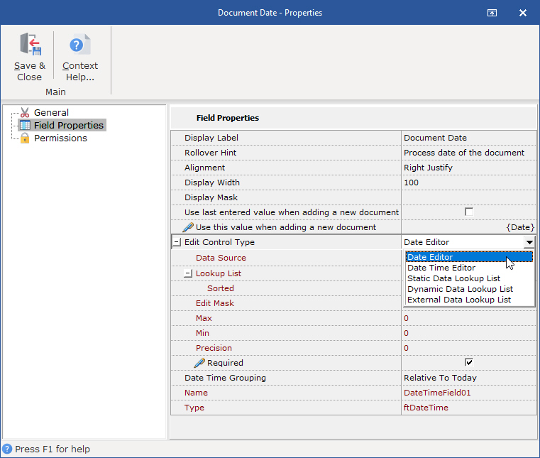 Date Field Properties Edit Control