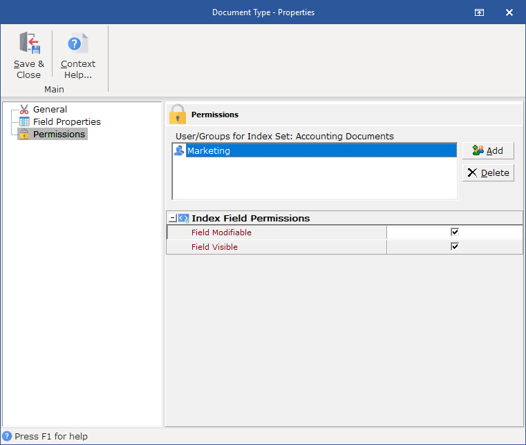 Use the permissions dialog to add users and groups and set permissions for an index field