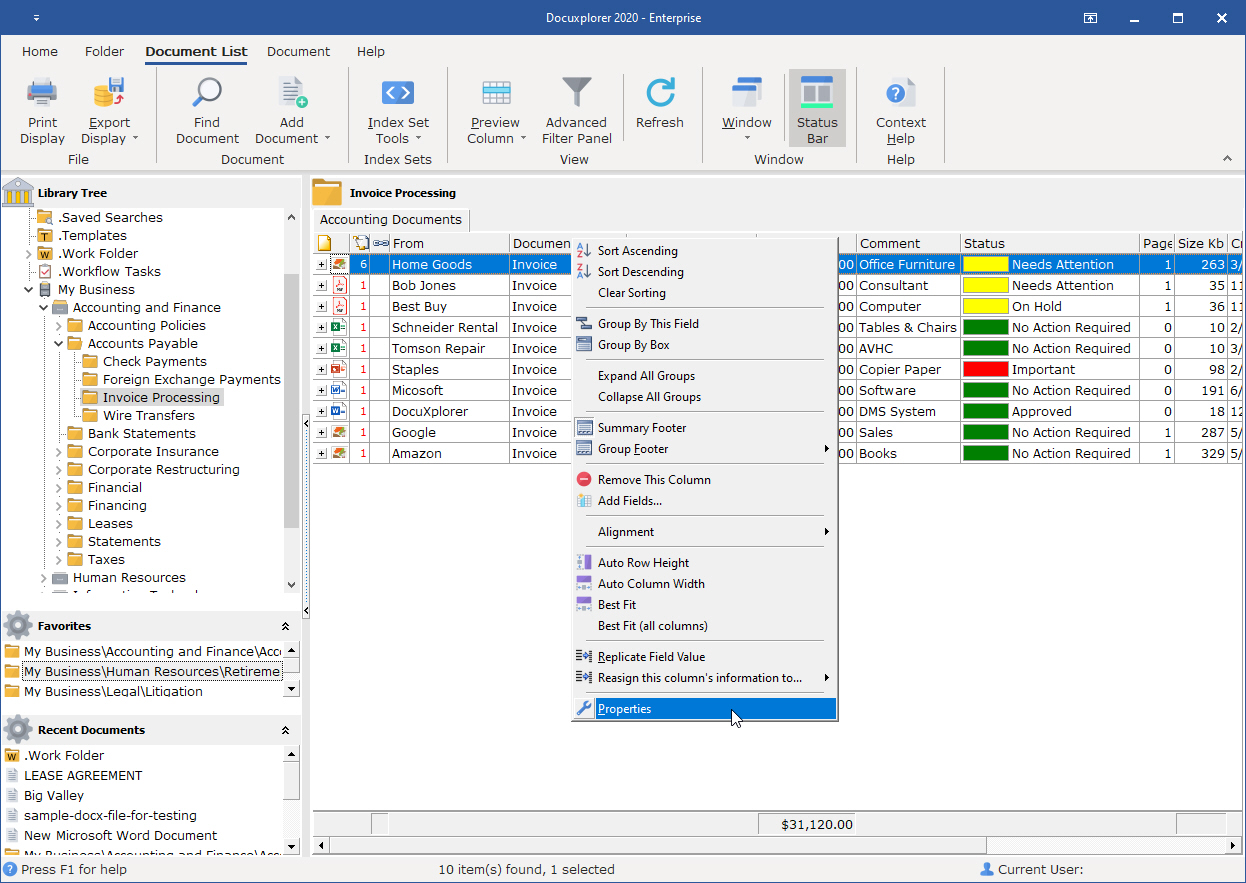 Field Properties Item in the Column Head Bar Menu allows user to choose index field properties