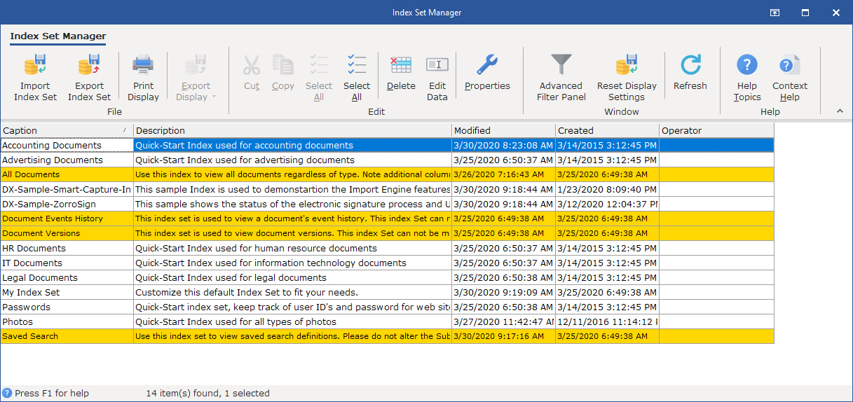 The Index Set Manager dialog box