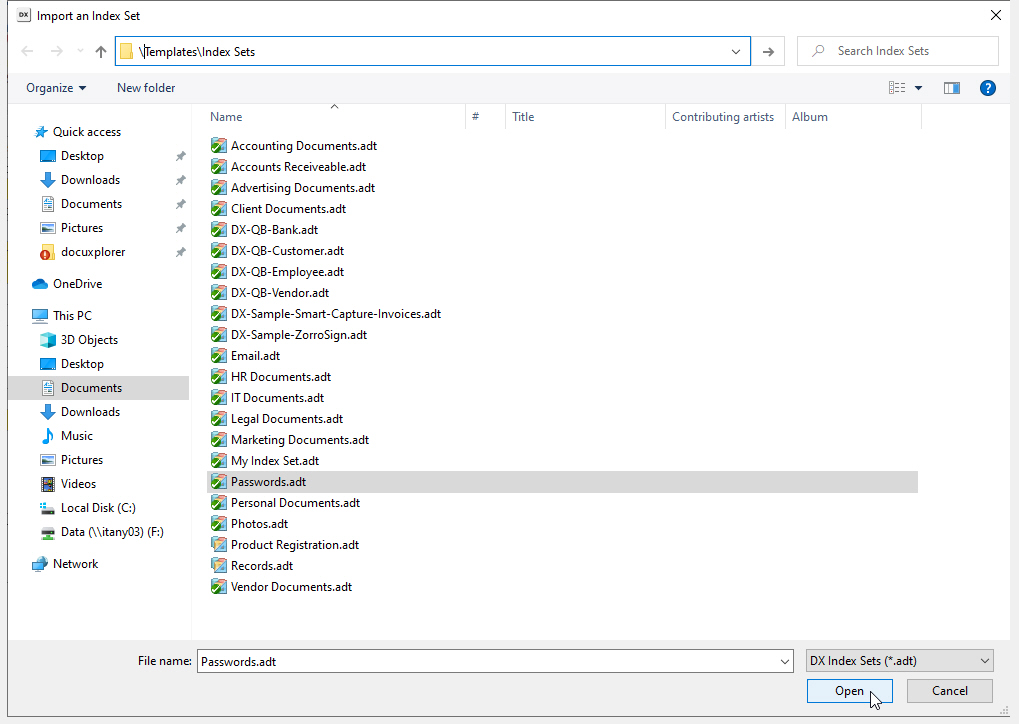 Use the Import Index Set browse screen to select the Index Set to import