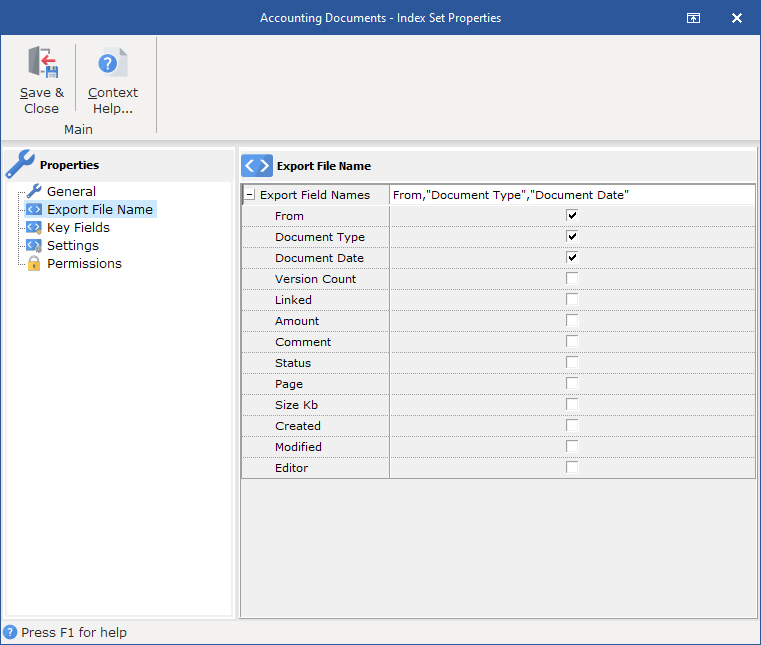 Set properties for an Index Set - set the default fields to use for an export file name