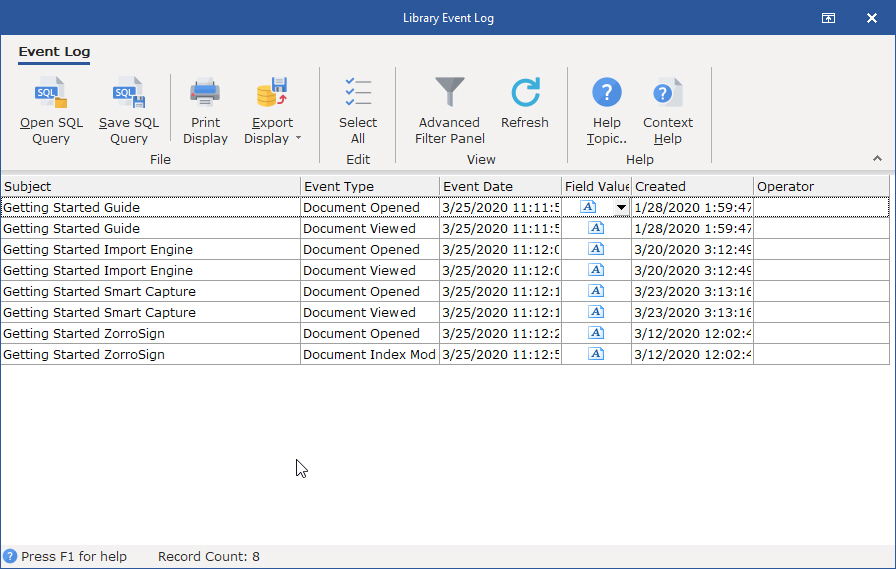 The display of the Library Event Log can be customized in the same way users customize Folder displays