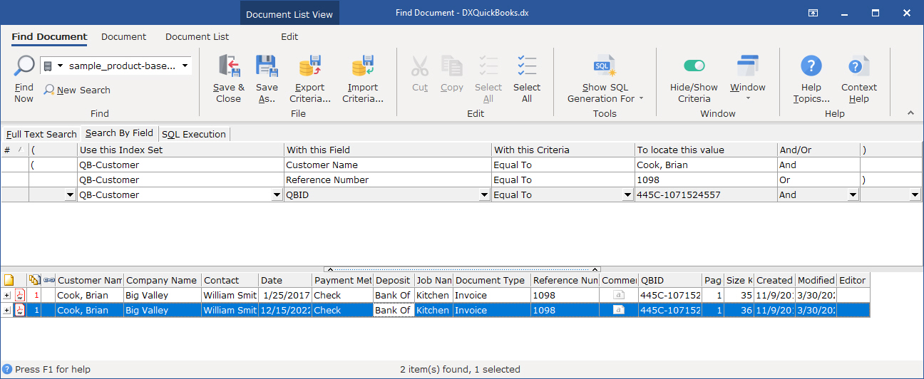 In the DocuXplorer Query Results List double click a document to open