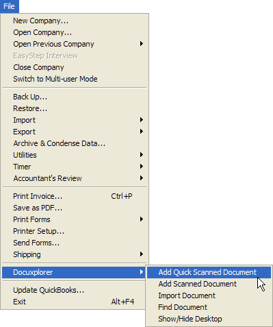 Use the QuickBooks File Menu item to add documents to DocuXplorer